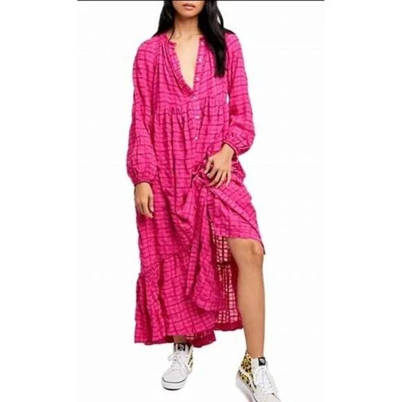Free People Dresses & Skirts - Free‎ People Maxi Dress Womens Small Edie Hot Pink Shirtdress Ruffle Boho Whimsy